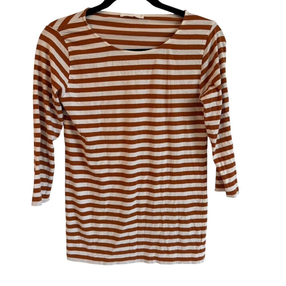 COS Striped 3/4 Sleeve Boat-Neck Top in Brown and White, Size Small